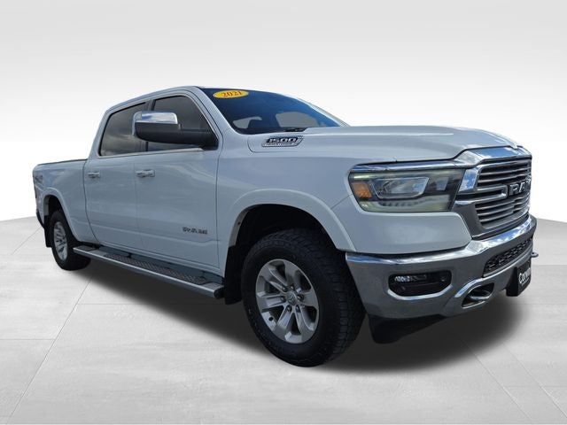 2021 RAM 1500 Laramie in Bright White Clearcoat — front three-quarter view